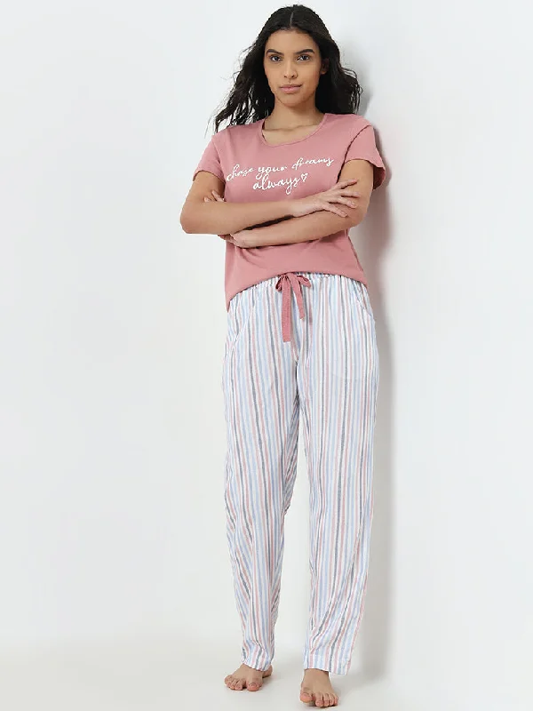 Wunderlove White Striped High-Rise Cotton Lounge Pants Casual Track Pants