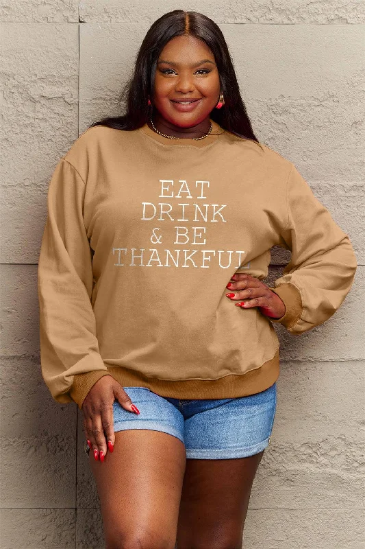 Simply Love Full Size EAT DRINK & BE THANKFUL Round Neck Sweatshirt Zip Hoodie Drawstring Kangaroo Pocket