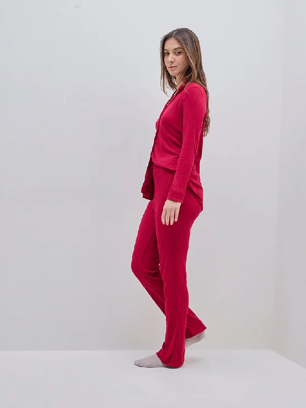 Wunderlove Red Supersoft Modal Ribbed Lounge Pants Classic Straight-Leg Pants