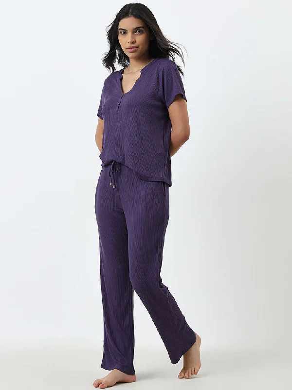 Wunderlove Purple Supersoft Modal Ribbed High-Rise Lounge Pants Stylish Elastic Waist Pants