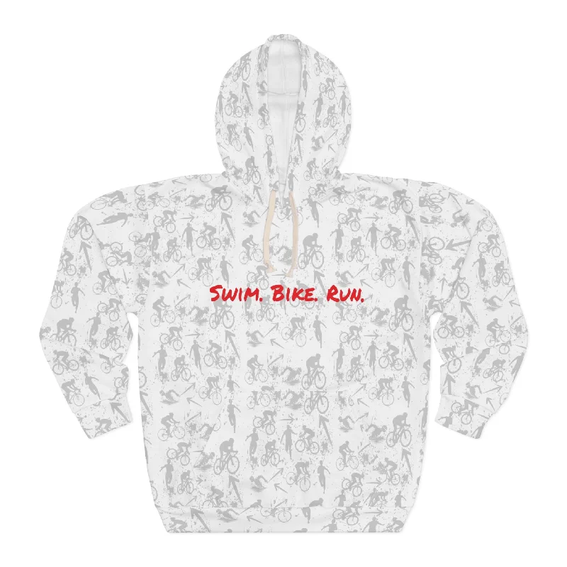 Swim Bike Run on Custom Triathlon Grudge White Pattern Hoodie - Unisex Hoodie with Rolled Sleeves Casual Relaxed