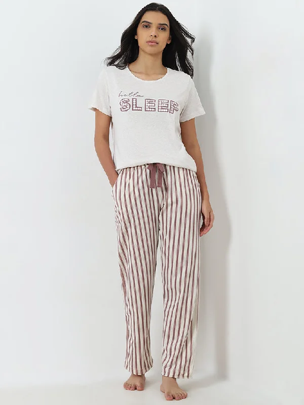 Wunderlove Off-White Striped Mid-Rise Cotton Lounge Pants Trendy Velvet Pants