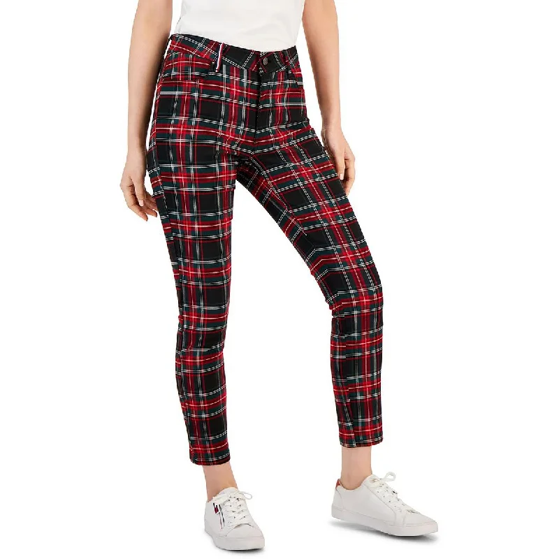 Tribeca Womens Plaid Crop Skinny Pants Trendy Printed Pants