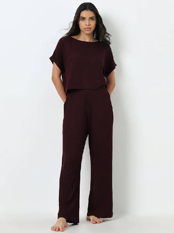 Wunderlove Purple Ribbed High-Rise Lounge Pants Comfortable Maternity Pants