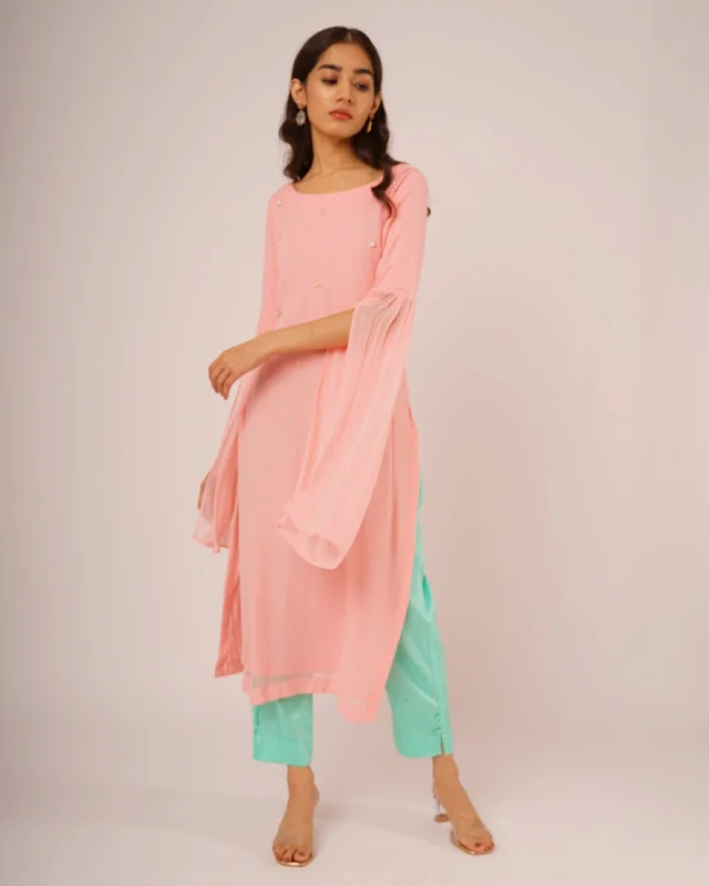 Pink Georgette Pearl Kurta with Mint Pants Cozy Full-Length Pants