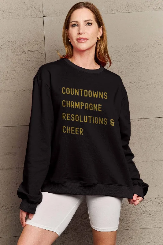 Simply Love Full Size COUNTDOWNS CHAMPAGNE RESOLUTIONS & CHEER Round Neck Sweatshirt Hoodie with Thumb Holes Functional Cozy