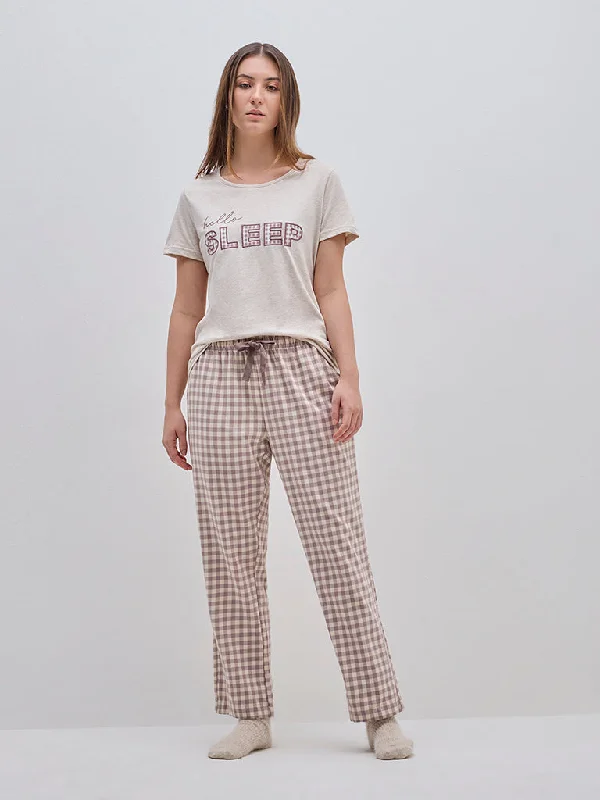 Wunderlove Beige Checkered High-Rise Lounge Pants Classic Cropped Pants