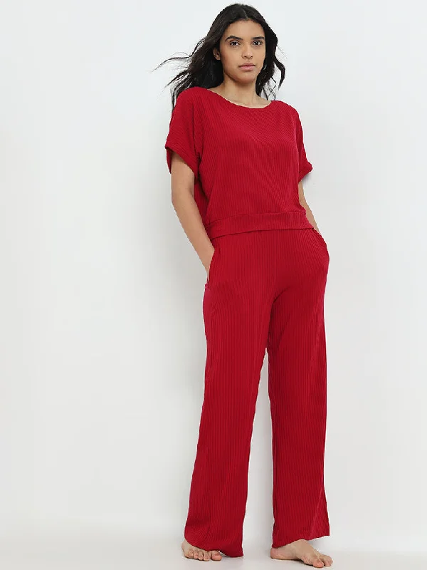 Wunderlove Red Ribbed High-Rise Lounge Pants Stylish Slim Trousers