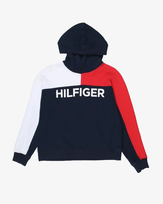 tommy hilfiger blue print logo hoodie - xs Hoodie with Rolled Sleeves Casual Relaxed