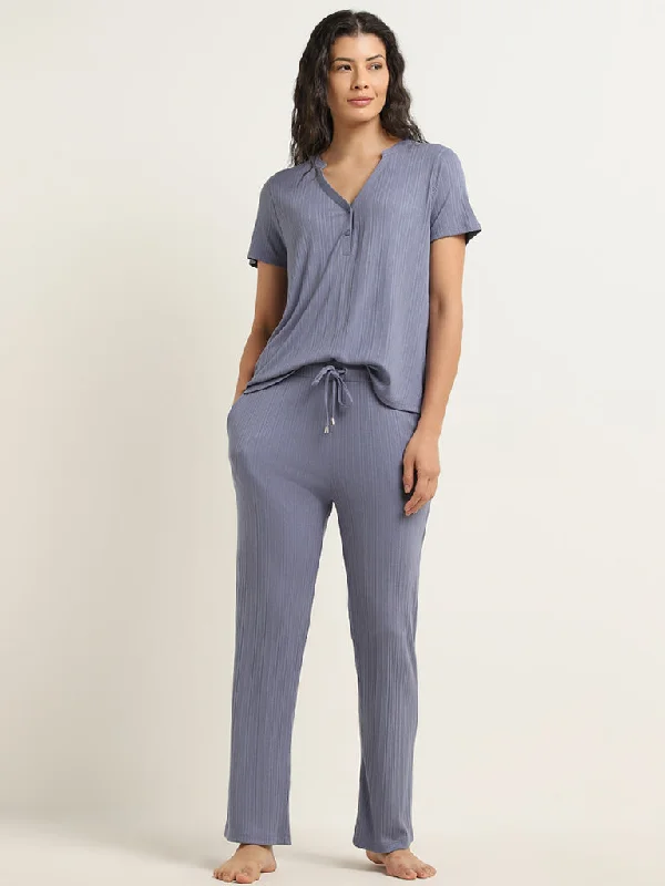 Wunderlove Blue Ribbed Textured High-Rise Pants High-Waist Jogger Pants