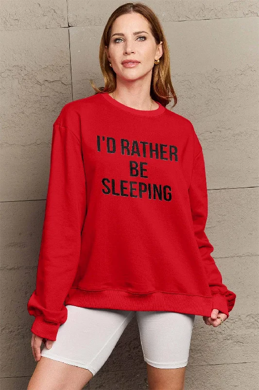 Simply Love Full Size I'D RATHER BE SLEEPING Round Neck Sweatshirt Hoodie with High-Low Hem Asymmetrical Trendy