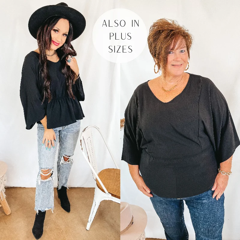 Switch It Up 3/4 Drop Sleeve Peplum Blouse in Black Slim Fit Blouse