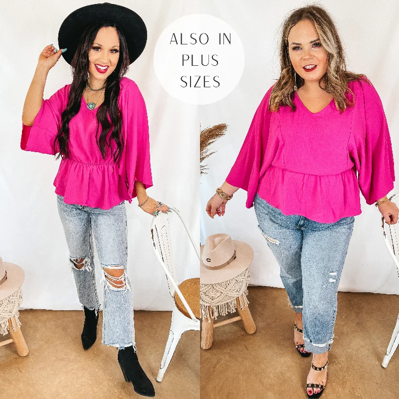 Switch It Up 3/4 Drop Sleeve Peplum Blouse in Fuchsia Pink Soft Satin Blouse