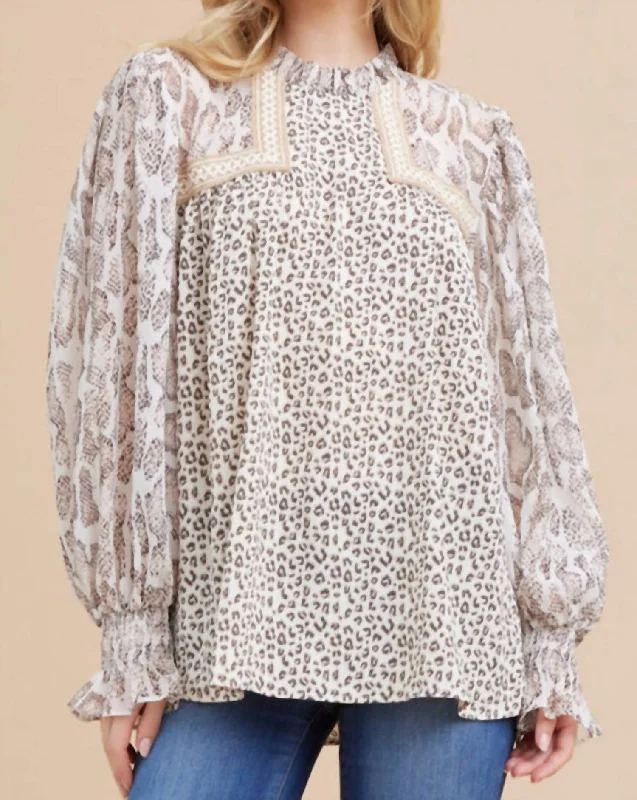 Animal Print Mix Long Sleeve Blouse In Brown Multi Everyday Stylish Blouse