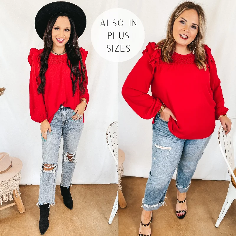 Last Chance Size Small | Balcony Nights Ruffle Shoulder Long Sleeve Blouse in Red Delicate Bow Blouse