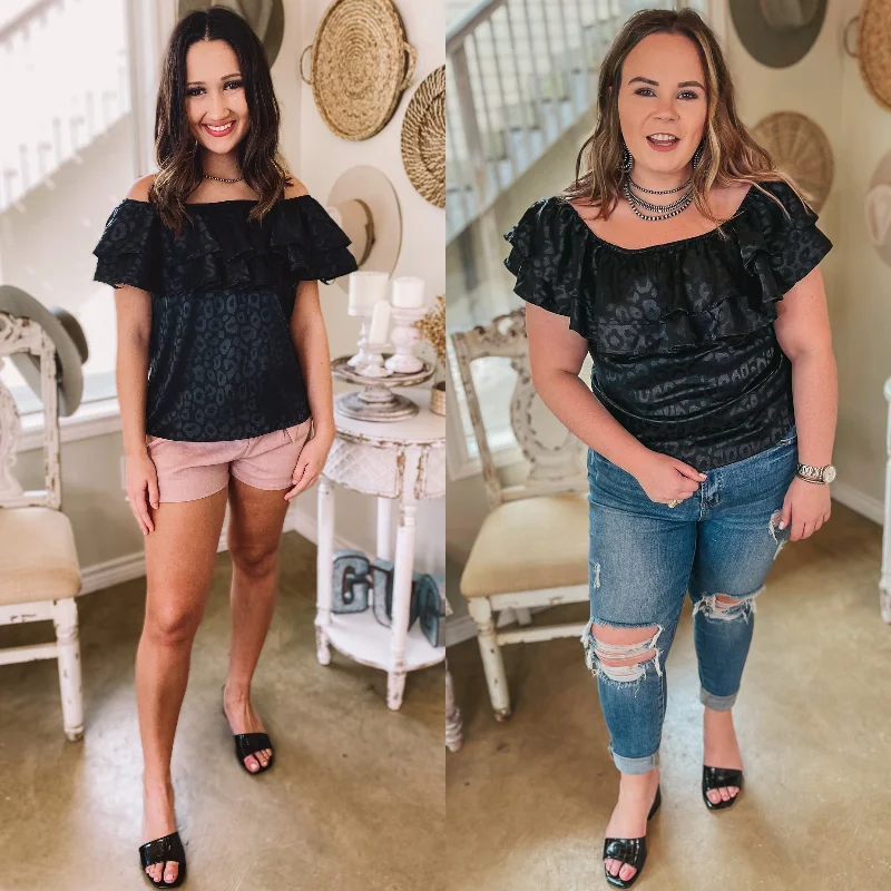 Dreamy Days Metallic Leopard Satin Off the Shoulder Blouse in Black Loose Fit Blouse
