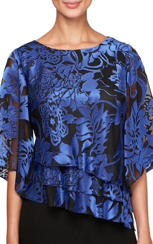 Blouse With Asymmetric Tiered Hem In Royal Embellished Collar Blouse
