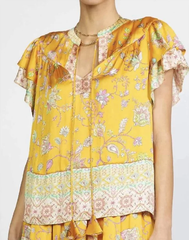 Border Printed Flutter Sleeve Split Neck Blouse W/ Self Tie In Yellow Multi Soft Modal Blouse