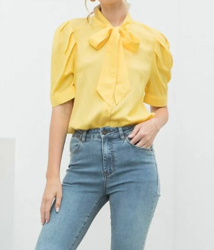 Bow Tie Blouse In Yellow Playful Puff Blouse