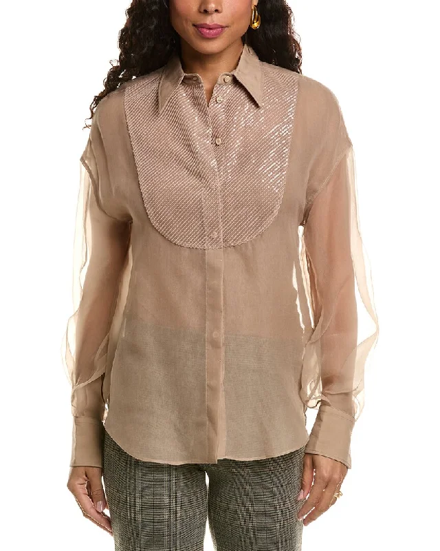 Brunello Cucinelli Sheer Silk Blouse Asymmetric Hem Blouse