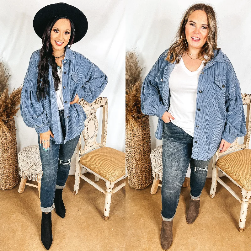 Cute Collab Button Up Corduroy Shacket with Balloon Sleeves in Dusty Blue Embroidered Floral Blouse