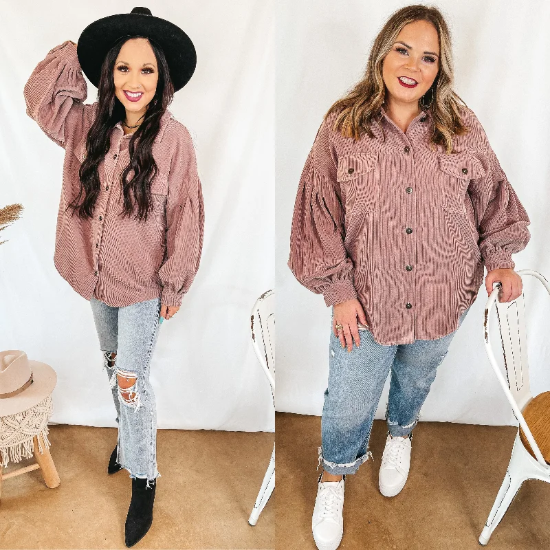 Cute Collab Button Up Corduroy Shacket with Balloon Sleeves in Mauve Boho Printed Blouse