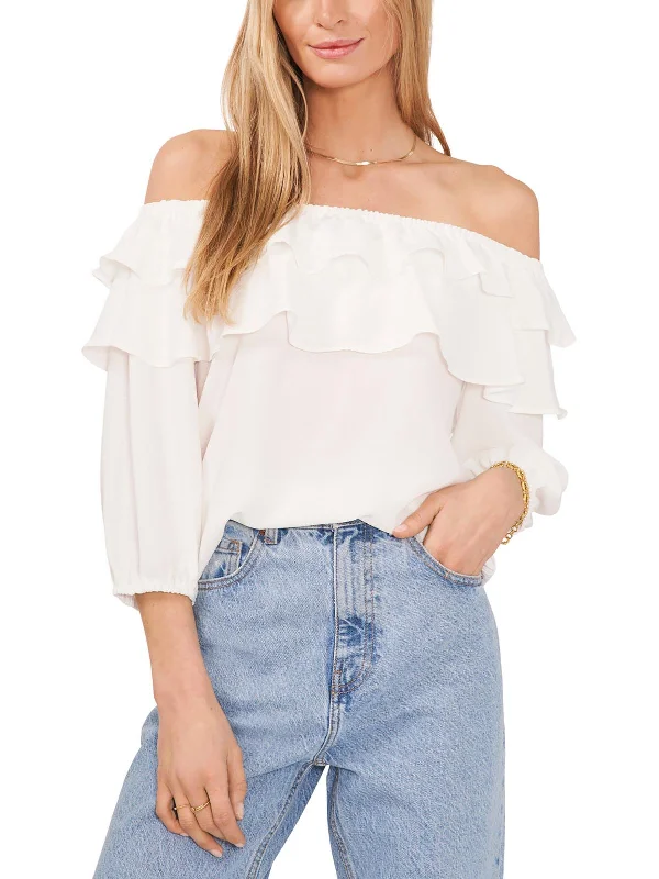 Challis Womens Ruffled Off-The-Shoulder Blouse Vintage Polka Blouse