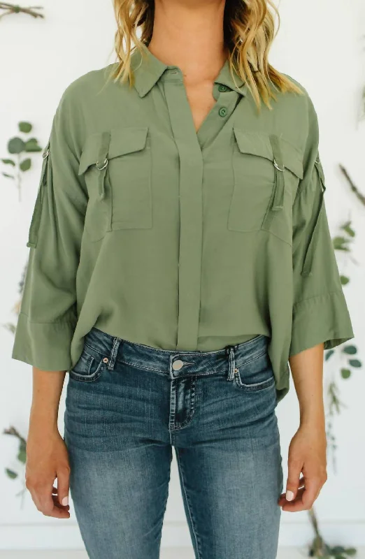 Charity 3/4 Sleeve Lace Front Blouse In Olive Business Casual Blouse