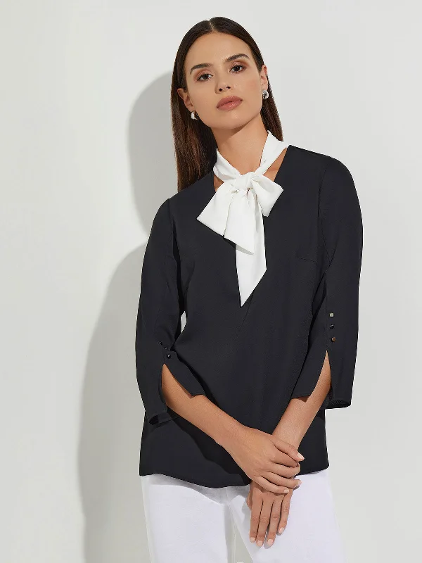 Contrast Tie V-Neck Crepe de Chine Blouse Floral Print Blouse