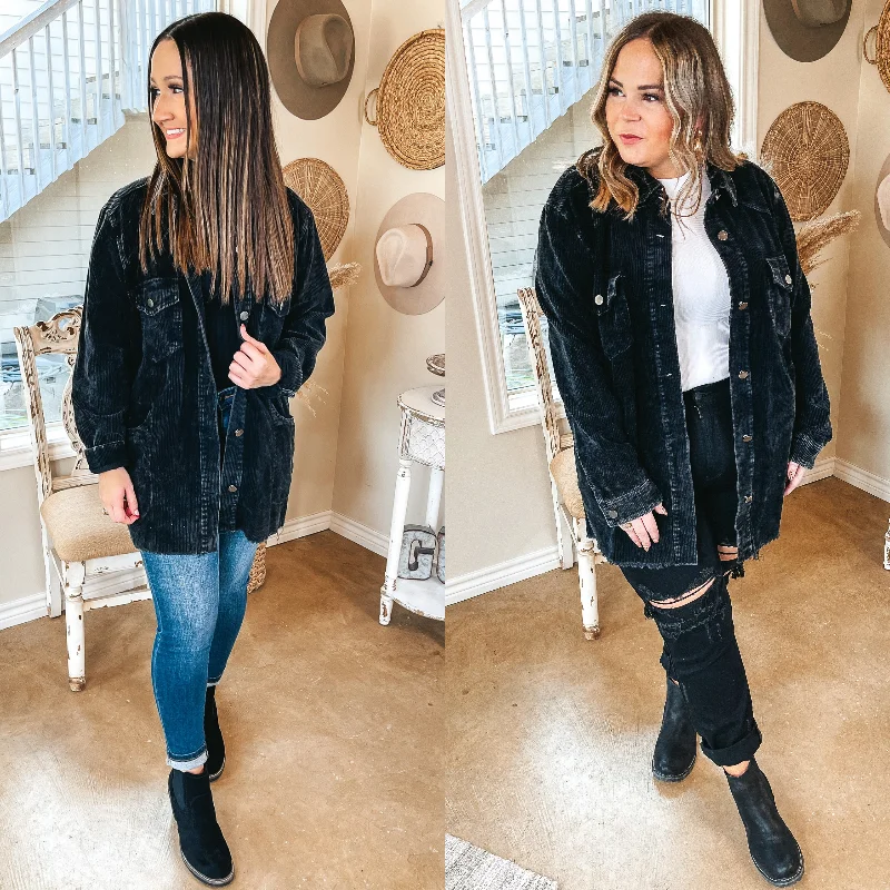 Release Your Worries Button Up Corduroy Long Shacket in Black Smart Business Blouse