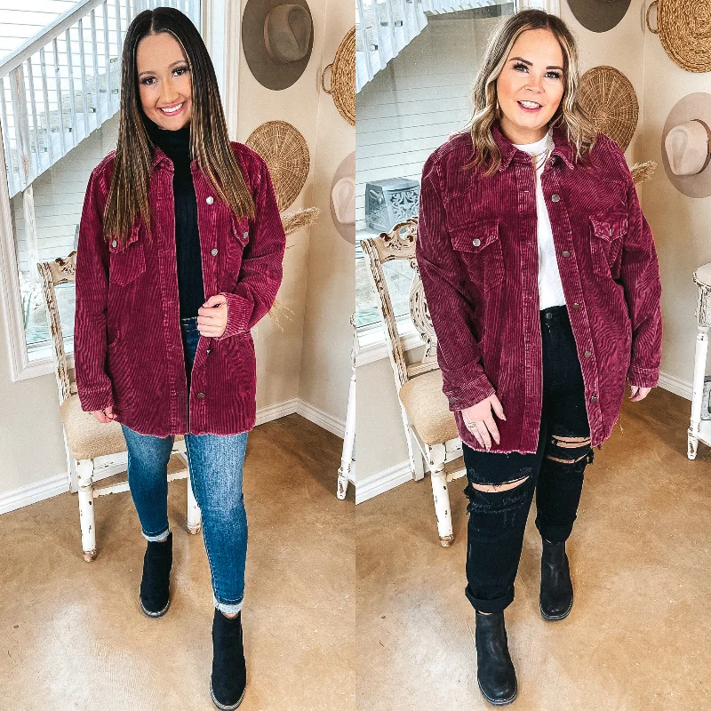 Release Your Worries Button Up Corduroy Long Shacket in Maroon Elegant Peplum Blouse