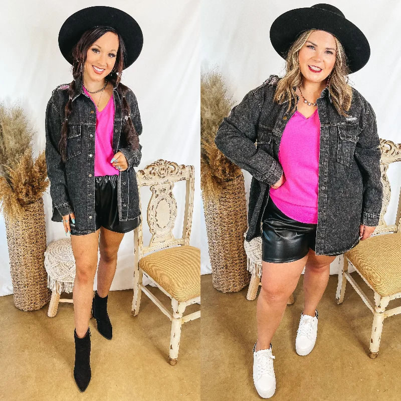 Wish and Wander Distressed Denim Button Up Shacket in Black Floral Chiffon Blouse