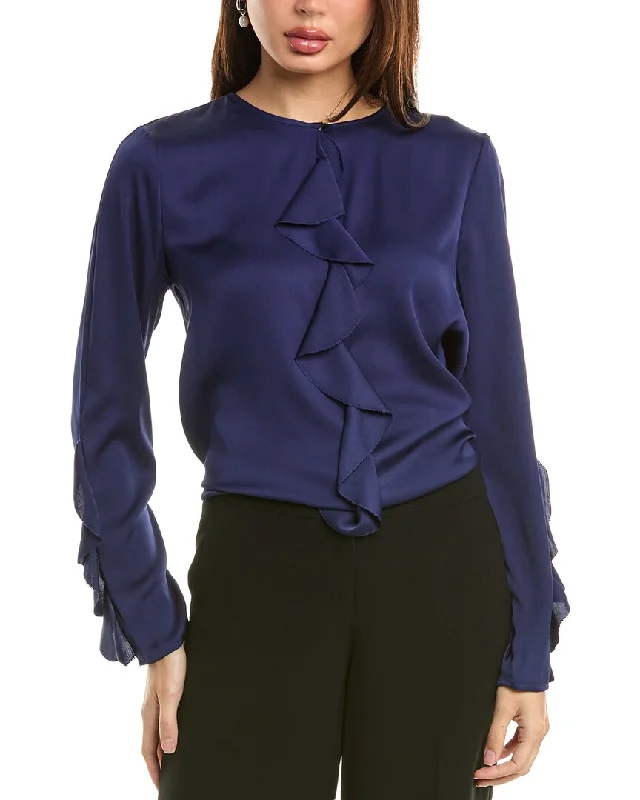 Elie Tahari Satin Ruffle Silk-Blend Blouse Smart Business Blouse