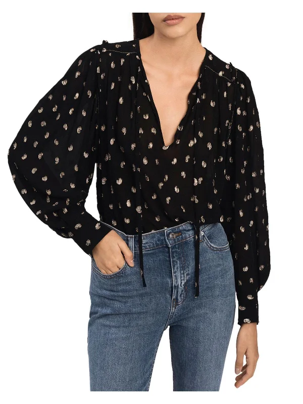Ellie Womens Metallic Puff Sleeve Blouse Sweetheart Neck Blouse