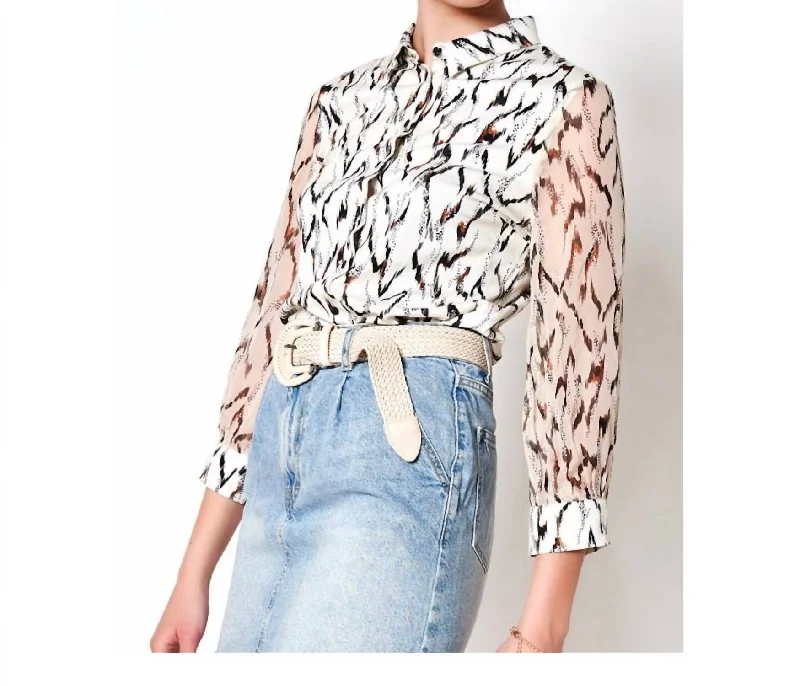 Feather Pia 3/4 Blouse In White/multi Sheer Sleeve Blouse
