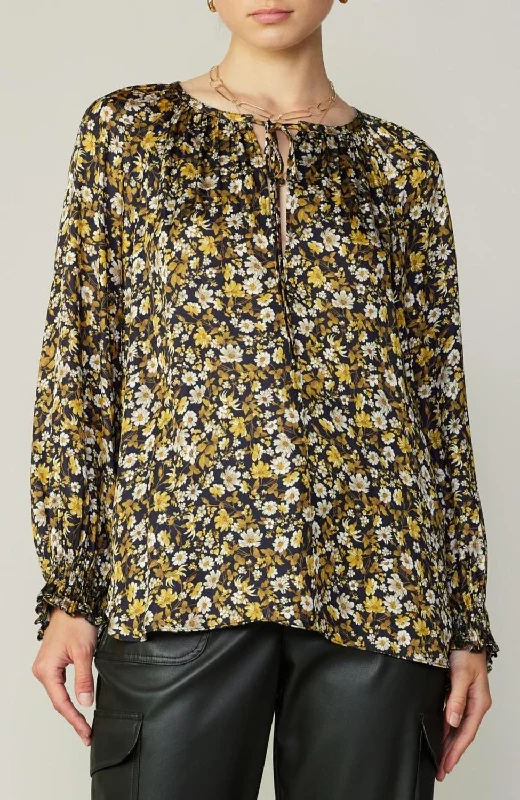 Floral Blouse In Black Floral Satin Bow Blouse