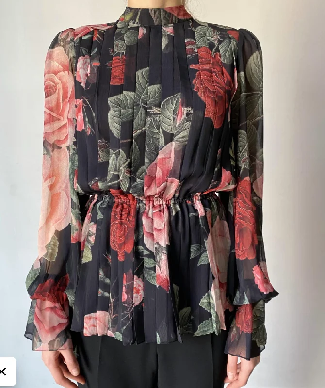 Floral Blouse In Black Floral Feminine Puff Blouse