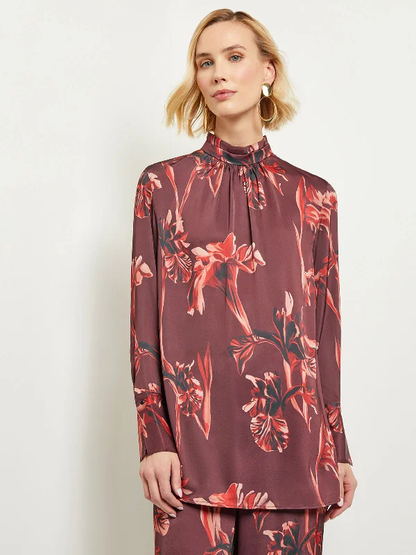 Floral Gathered Mock Neck Crepe de Chine Blouse Elegant Silk Blouse