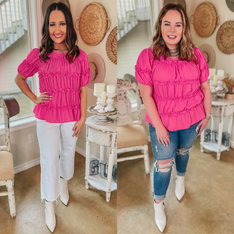 Last Chance Size Large | Hollywood Stroll Short Sleeve Ruffle Blouse in Fuchsia Lightweight Chiffon Blouse