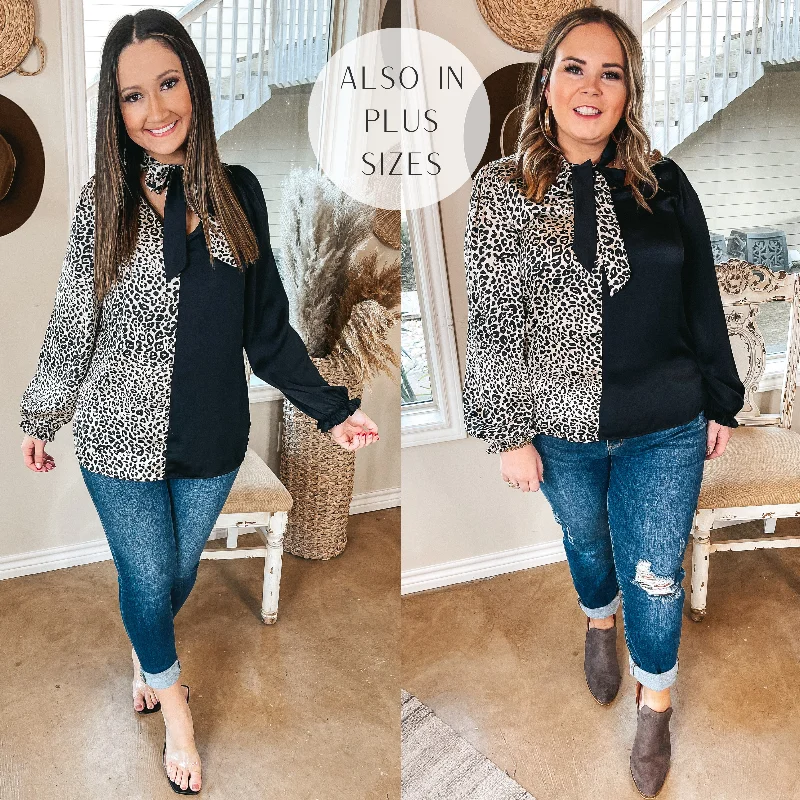 Caught In A Moment Half Leopard Print Half Solid Keyhole Neckline Blouse in Black Soft Modal Blouse