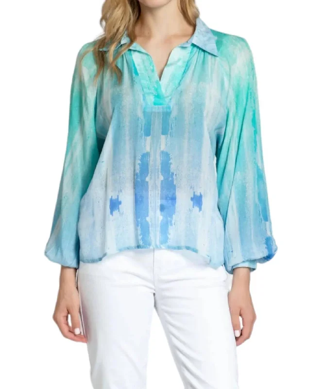 Half-Plaket Blouse In Teal And Blue Silky Tunic Blouse