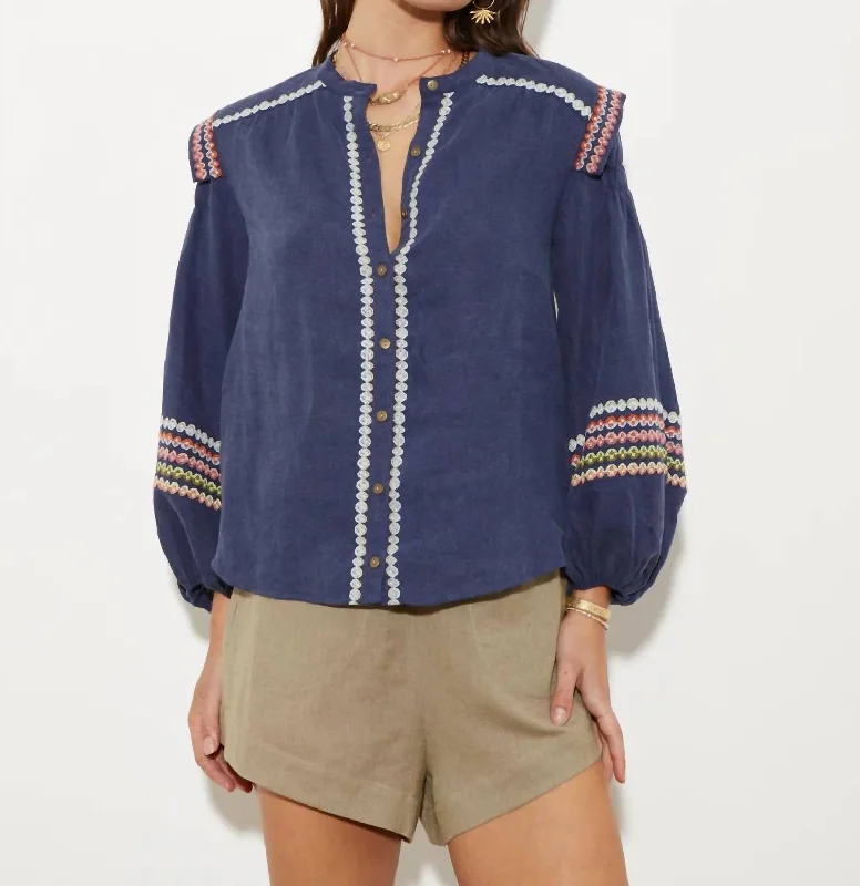 Jeanne Embroidered Blouse In Denim Delicate Pleat Blouse