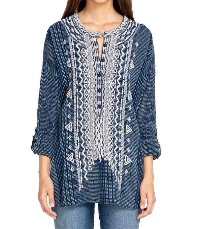 Jemah Blouse In Navy Multi Lightweight Tunic Blouse