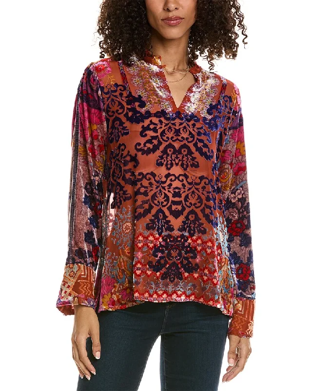 Johnny Was Syriah Burnout Enta Silk-Blend Blouse Feminine Puff Blouse