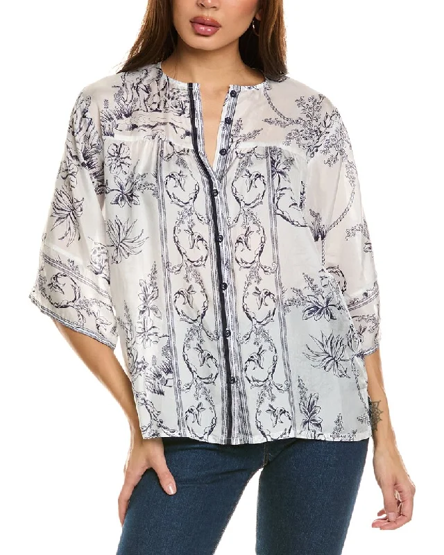 Johnny Was Tranquil Kenny Silk Blouse Pleated Collar Blouse