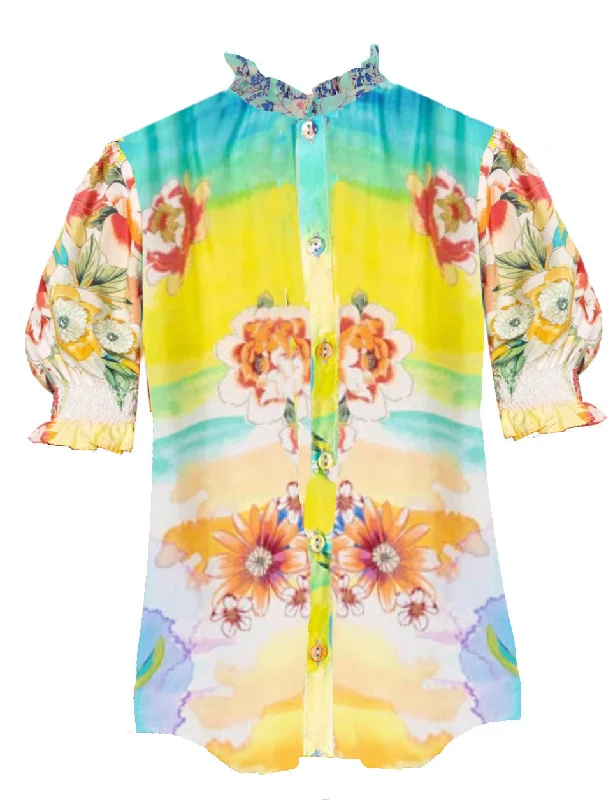 Johnny Was Women Tiedyer Leila Short Puff Sleeve Ruffle Trim Top Blouse Multicolor Relaxed Fit Blouse