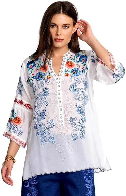 Johnny Was Women's Maverick Blouse White Embroidered Semi-Sheer Blouse