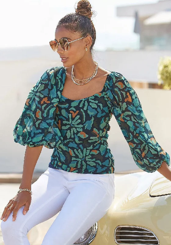 LASCANA Women's Pleated Balloon Sleeve Blouse Ruched Sleeve Blouse