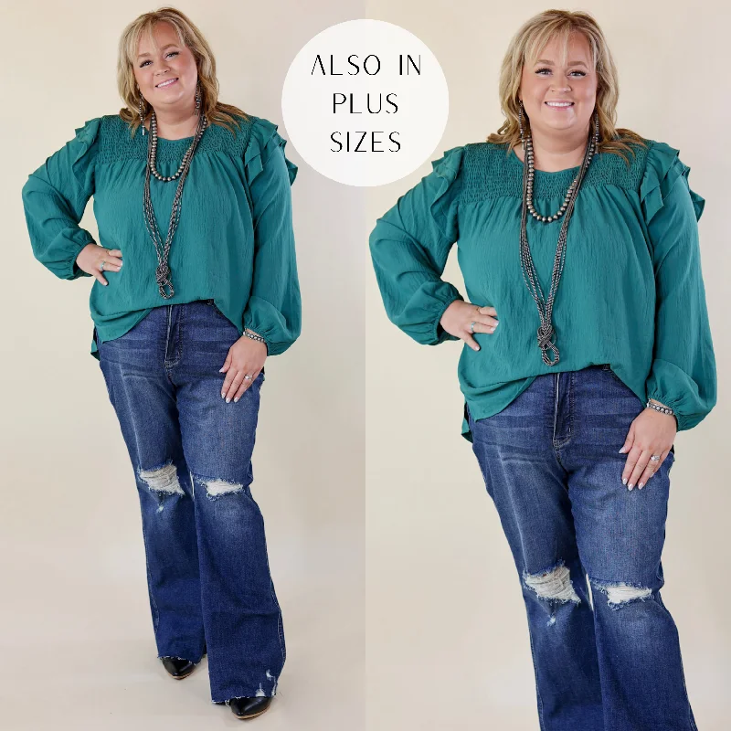 Balcony Nights Ruffle Shoulder Long Sleeve Blouse in Teal Relaxed Fit Blouse