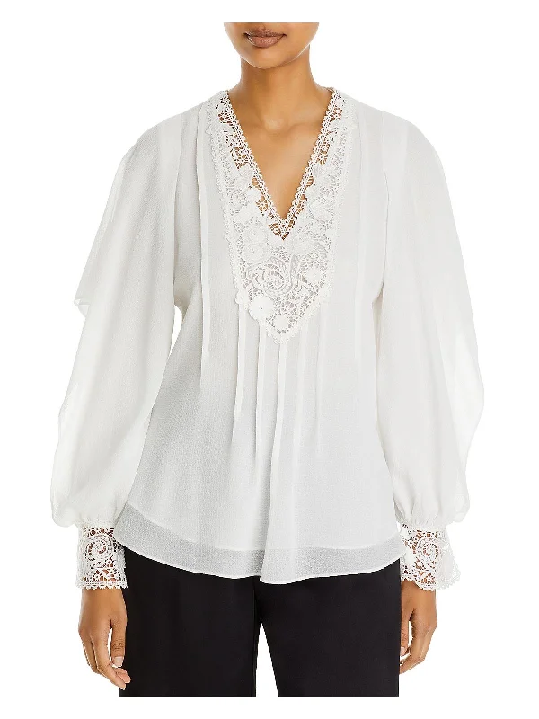 Melanie Womens Lace Trim V-Neck Blouse Cotton Casual Blouse